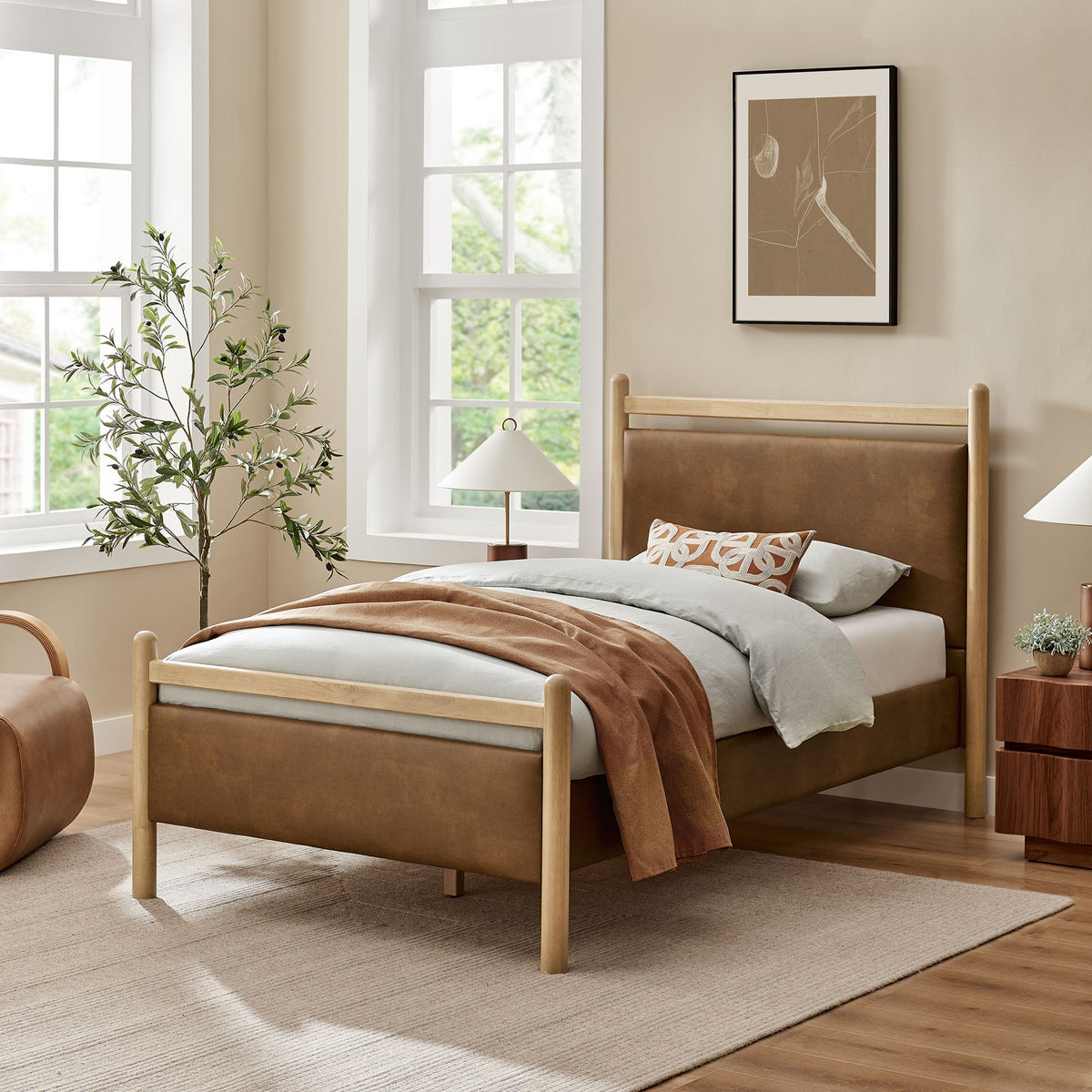 Ginny vegan leather platform bed frame in tan by Modway with bed skirt detail on Tampa Home & Garden Store