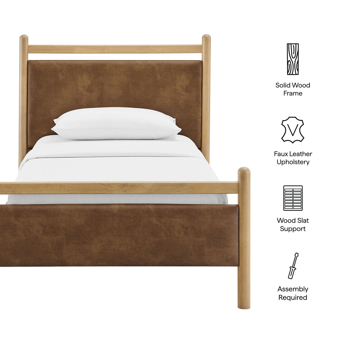 Ginny vegan leather platform bed with solid wood frame and brown faux leather headboard on Tampa Home & Garden Store