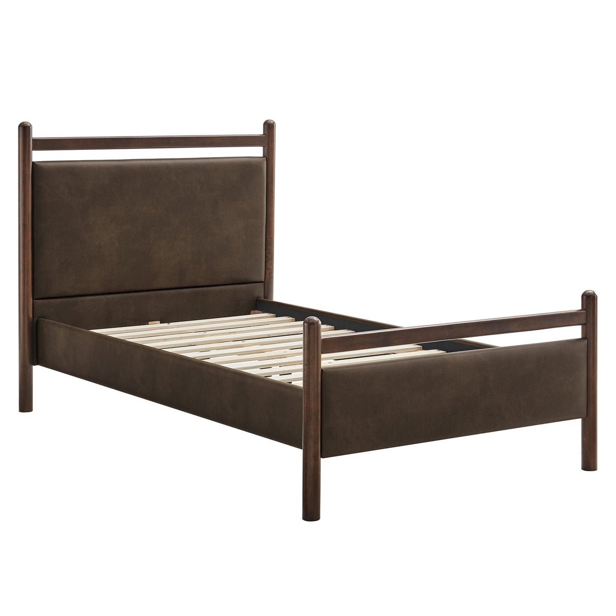Ginny vegan leather platform bed frame in dark brown with wood rail accents by HouseOfZazla on Tampa Home & Garden Store