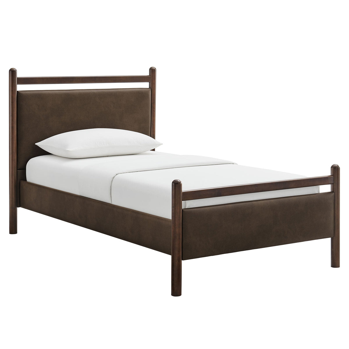 Ginny vegan leather platform bed frame with brown headboard and footboard in dark wood on Tampa Home & Garden Store