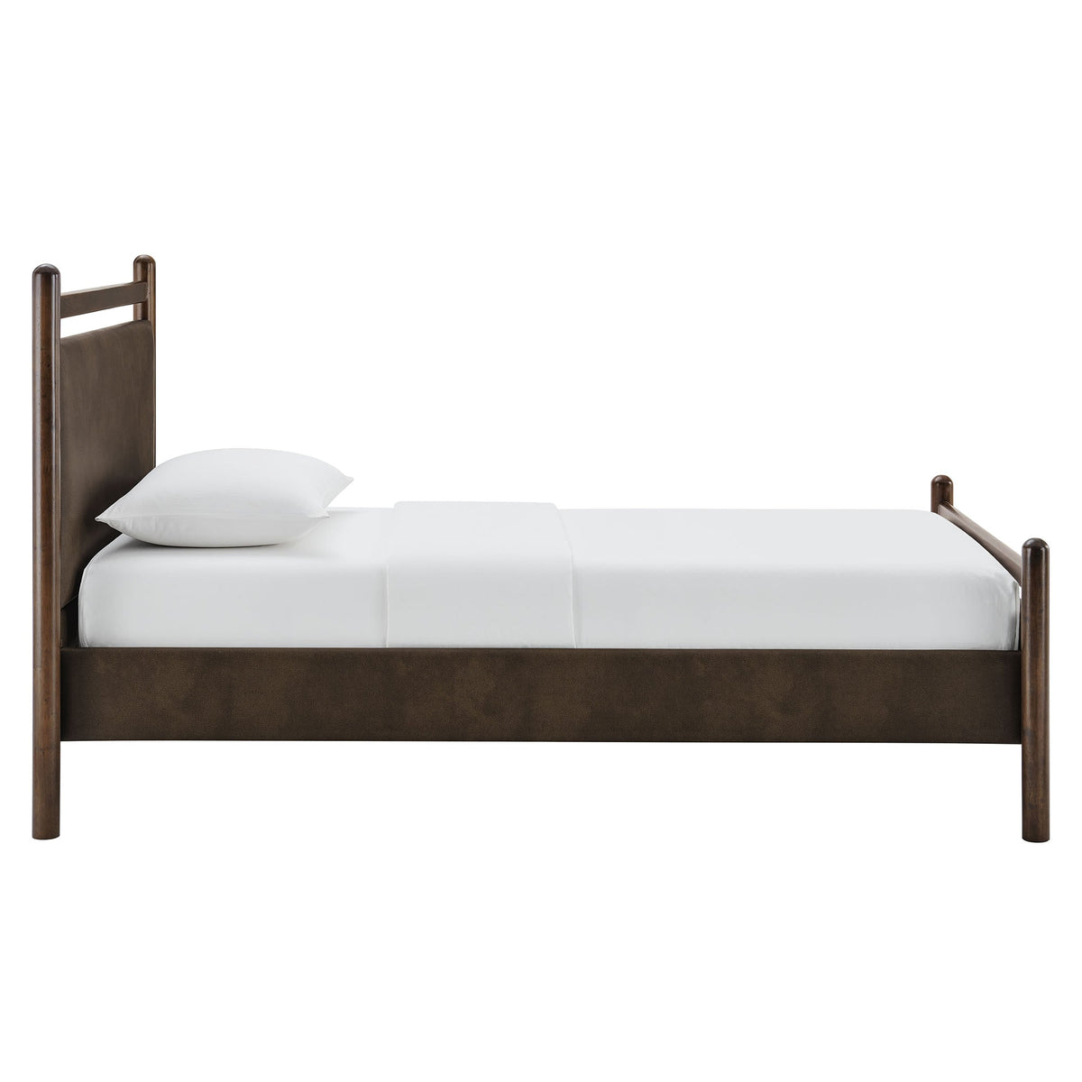 Ginny vegan leather platform bed frame in dark brown with tall wooden posts and white bedding on Tampa Home & Garden Store