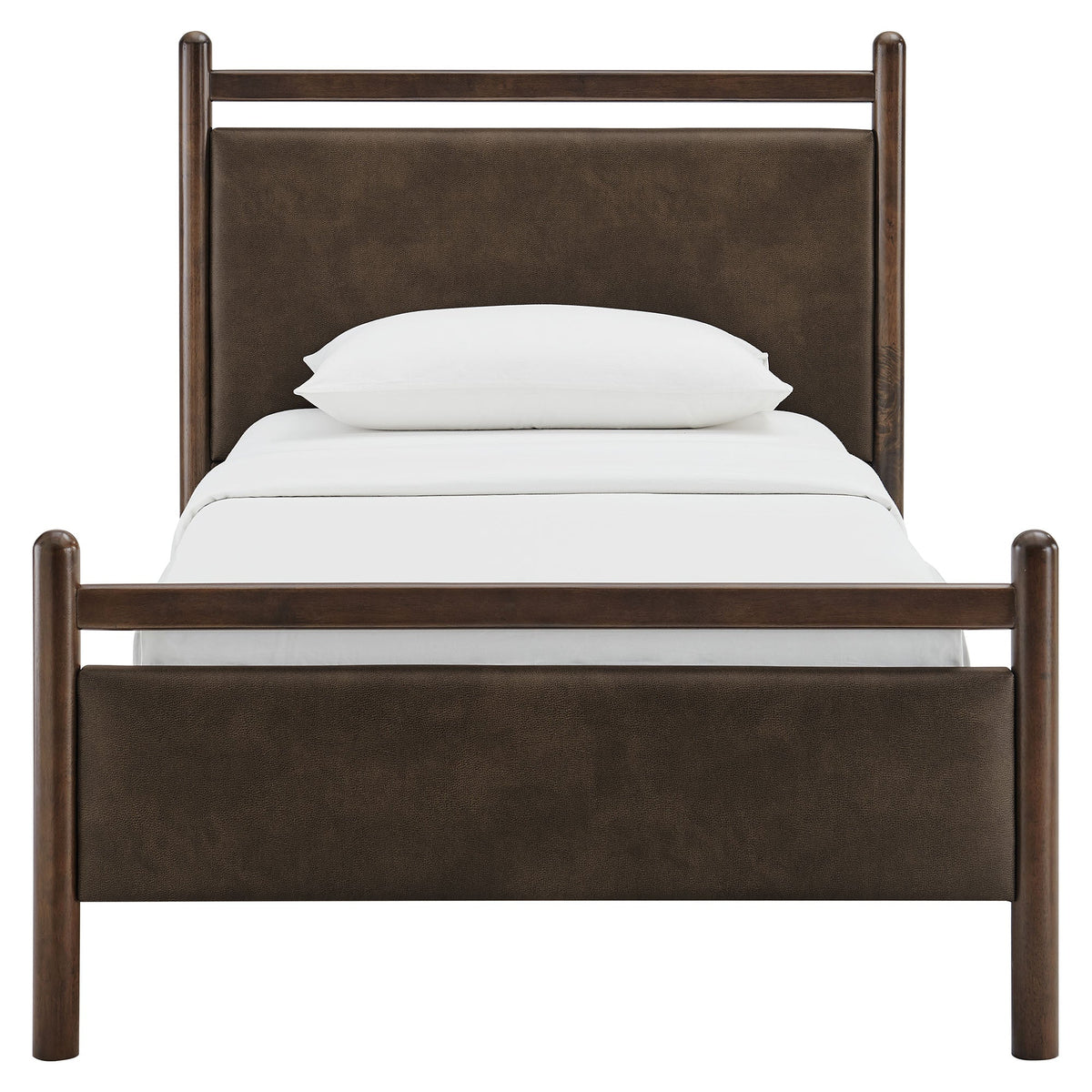 Ginny vegan leather platform bed frame with dark brown wood posts and upholstered headboard on Tampa Home & Garden Store