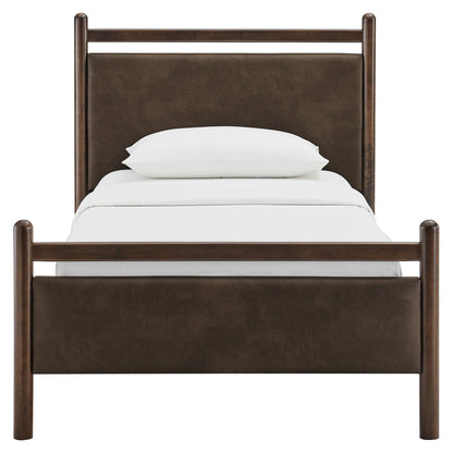 Ginny vegan leather platform bed frame with dark brown wood posts and upholstered headboard on Tampa Home & Garden Store