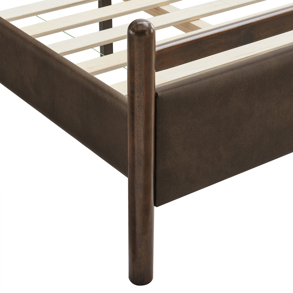 Ginny vegan leather platform bed frame with dark wooden posts and brown upholstery on Tampa Home & Garden Store