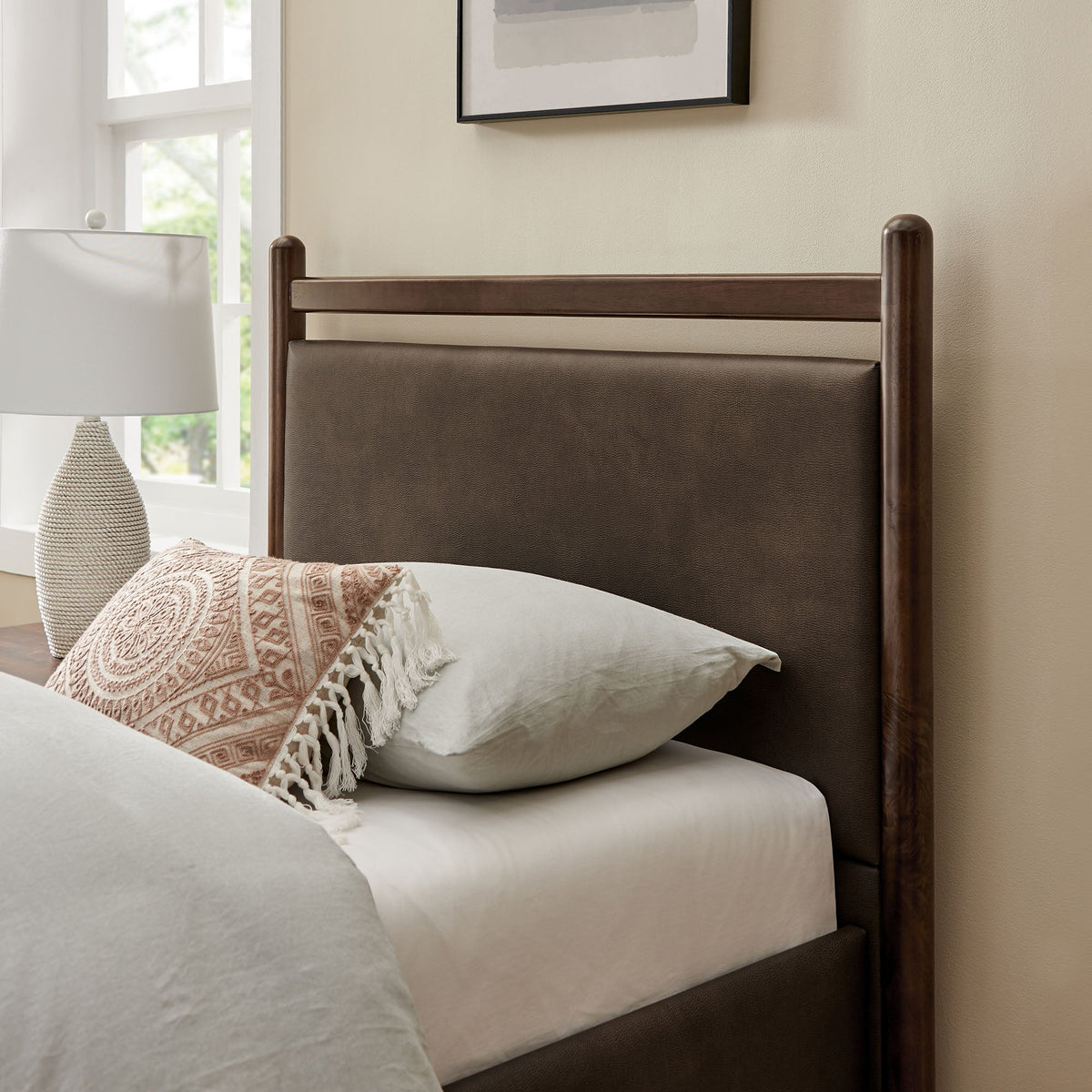 Ginny vegan leather platform bed frame brown upholstered headboard with wood posts on Tampa Home & Garden Store