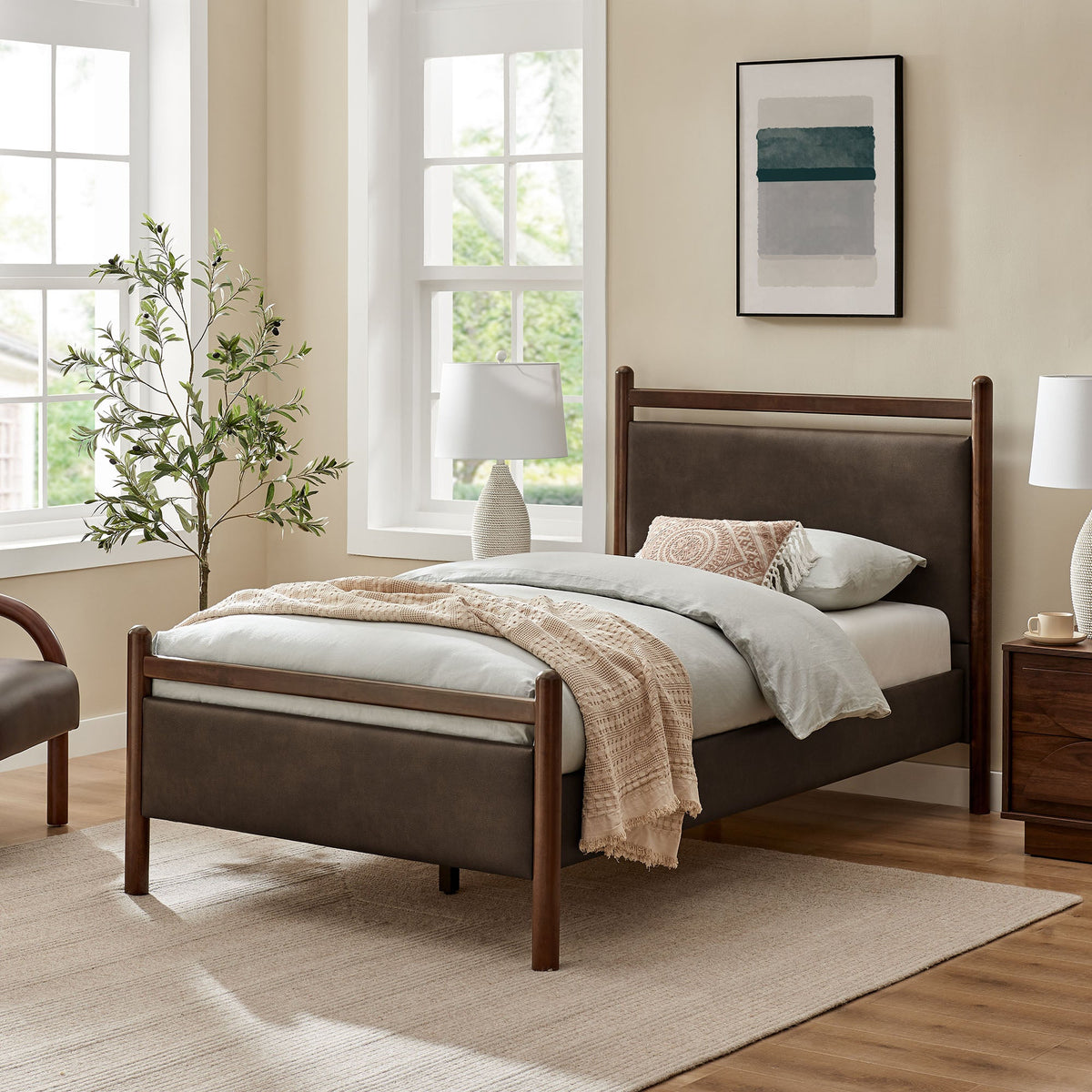 Ginny vegan leather platform bed frame by Modway, pair of twin beds in dark brown upholstery on Tampa Home & Garden Store