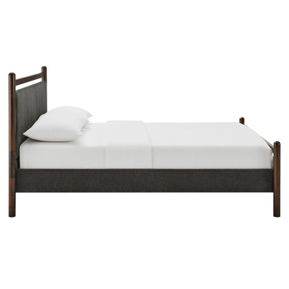 Ginny Platform Bed Frame by Modway - dark wood posts, charcoal headboard, white bedding on Tampa Home & Garden Store