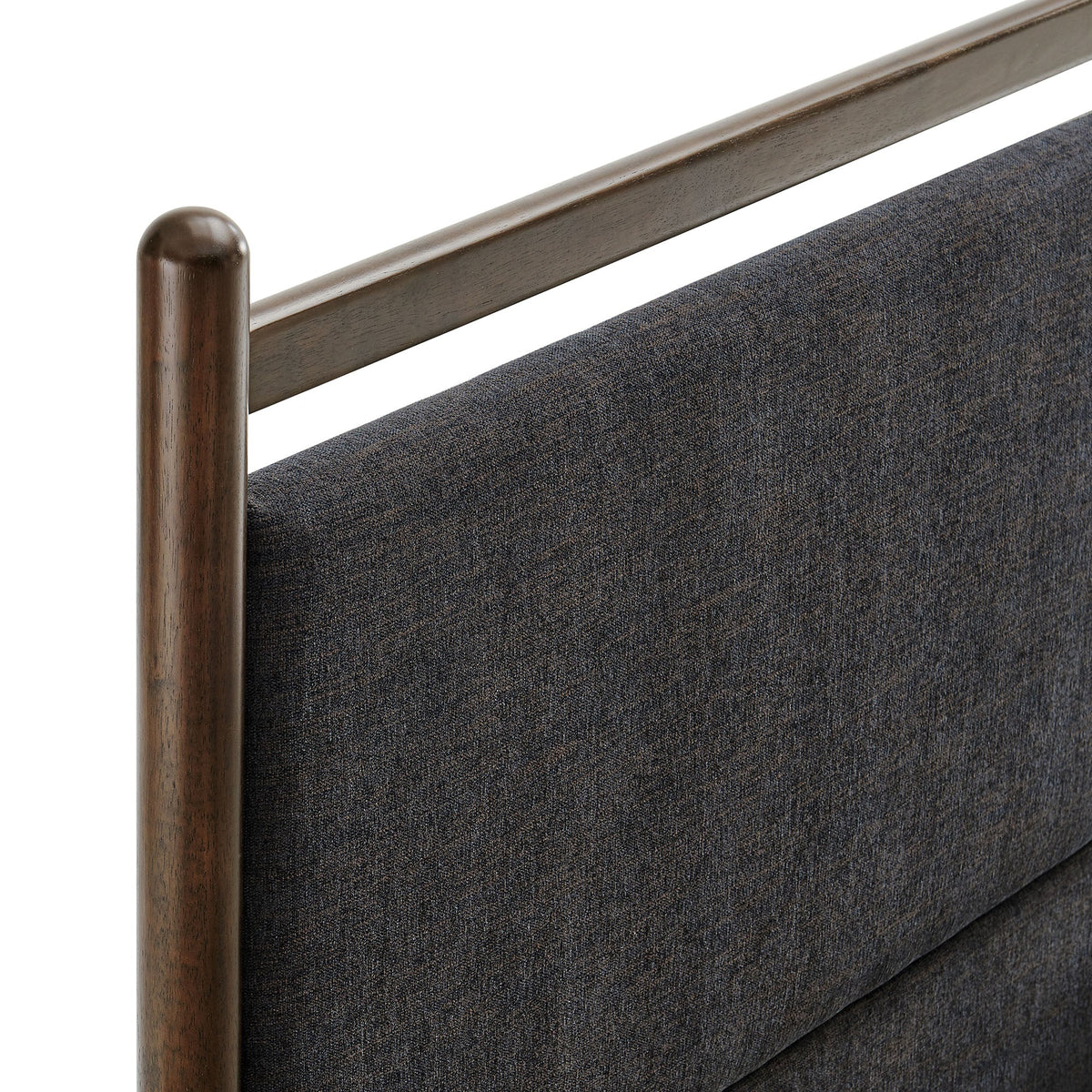Ginny Platform Bed Frame with dark charcoal upholstered headboard and brown wood posts on Tampa Home & Garden Store