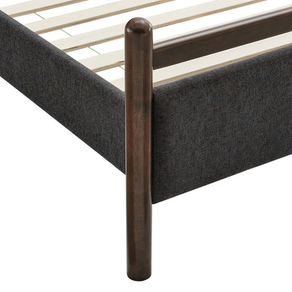 Ginny Platform Bed Frame by HouseOfZazla with dark gray fabric bed skirt and wood post on Tampa Home & Garden Store