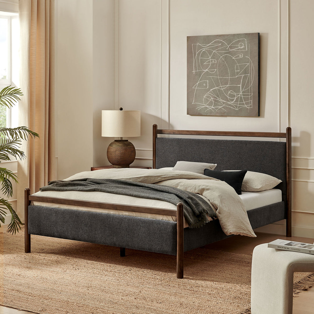 Ginny Platform Bed Frame by Modway with gray upholstered headboard and dark wood frame on Tampa Home & Garden Store