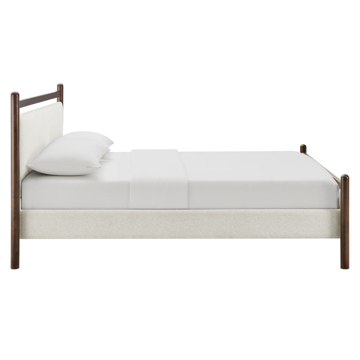 Ginny Platform Bed Frame by Modway, dark wood posts, light upholstered headboard, white bedding on Tampa Home & Garden Store