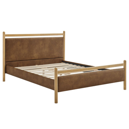 Ginny vegan leather platform bed frame with brown headboard and footboard, light wood posts on Tampa Home & Garden Store