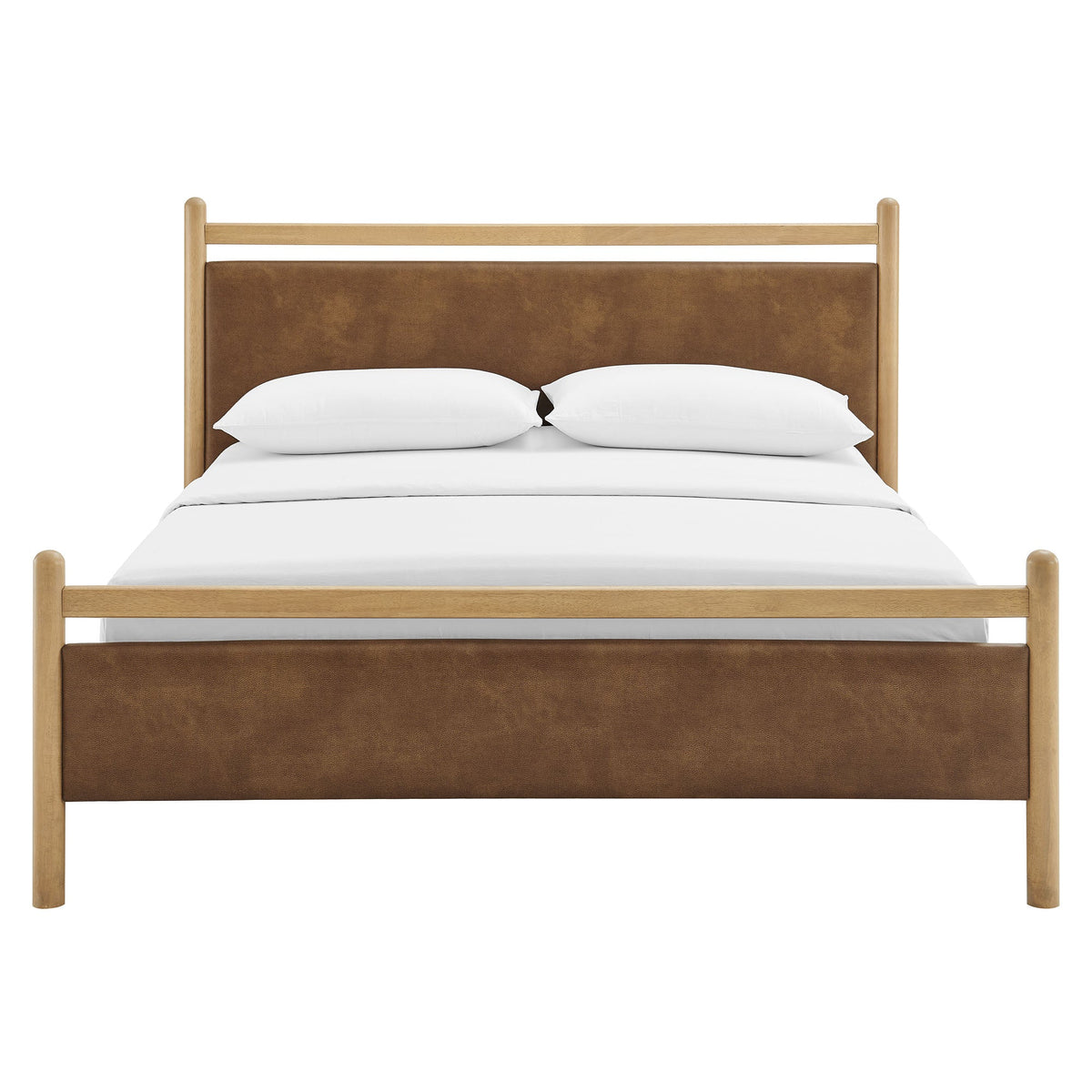 Ginny vegan leather platform bed frame by Modway, light oak rails with brown headboard on Tampa Home & Garden Store