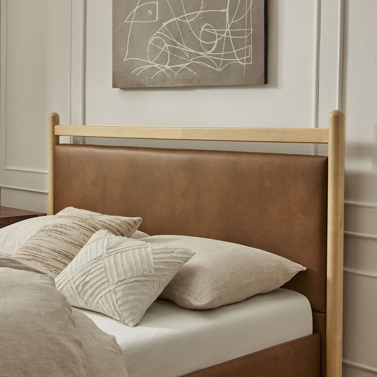 Ginny vegan leather platform bed frame by Modway in tan with light wood posts on Tampa Home & Garden Store