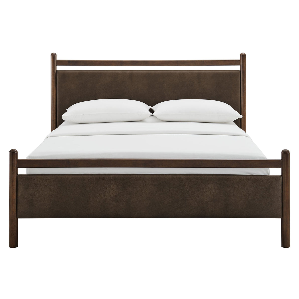 Ginny vegan leather platform bed frame with dark brown upholstered headboard and solid wood posts on Tampa Home & Garden Store