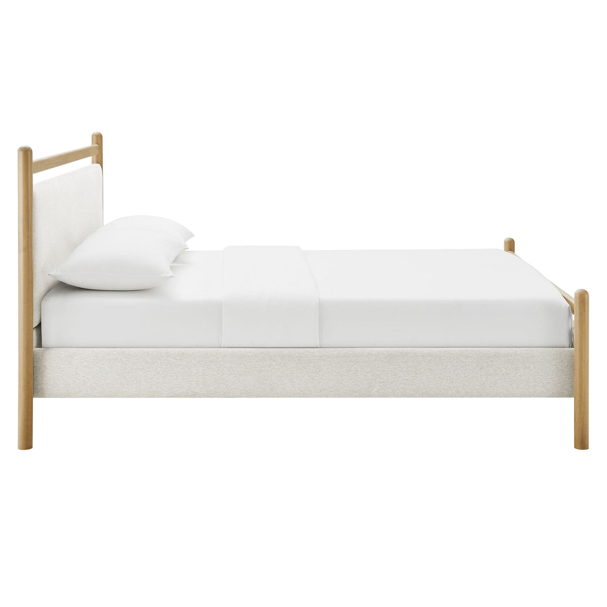 Ginny Platform Bed Frame by Modway, natural wood frame with white headboard and bedding on Tampa Home & Garden Store