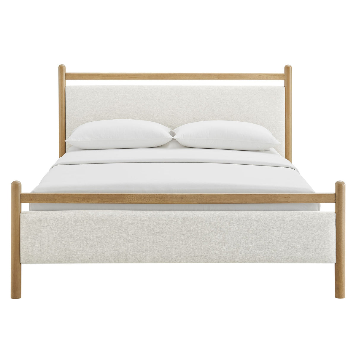 Ginny Platform Bed Frame by Modway with natural wood posts and light upholstered headboard on Tampa Home & Garden Store