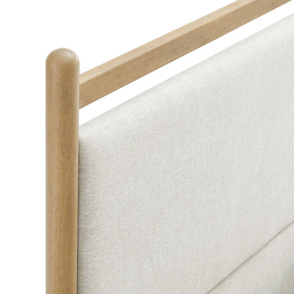 Ginny Platform Bed Frame post in natural oak with beige upholstered headboard fabric on Tampa Home & Garden Store