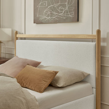 Ginny Platform Bed Frame by Modway, light wood with beige headboard, 2 brown pillows on Tampa Home & Garden Store