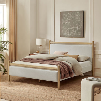 Ginny Platform Bed Frame by Modway with beige fabric headboard and bed skirt in light wood frame on Tampa Home & Garden Store