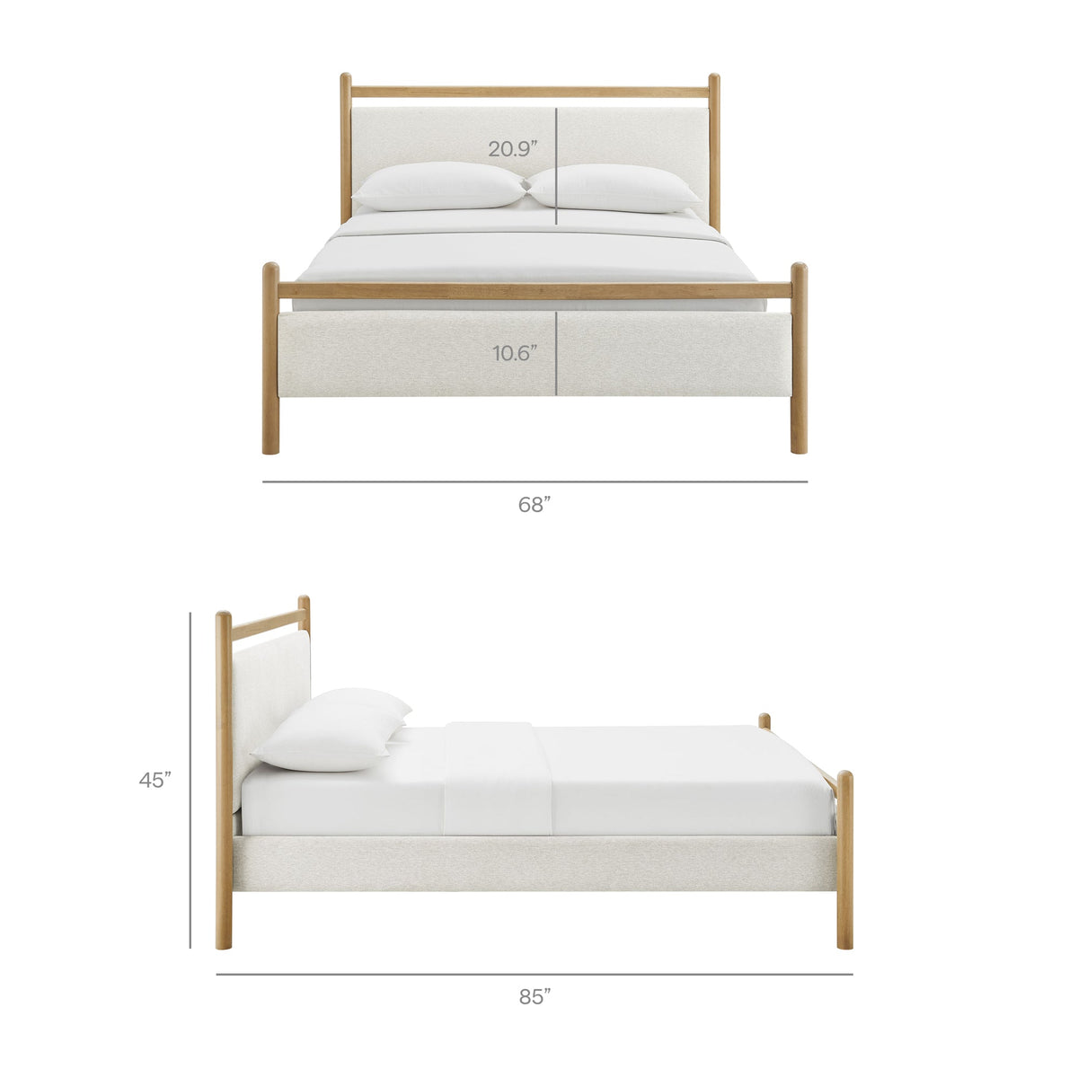 Ginny Platform Bed Frame by Modway with beige upholstered headboard and natural wood posts 85 inches wide on Tampa Home & Garden Store