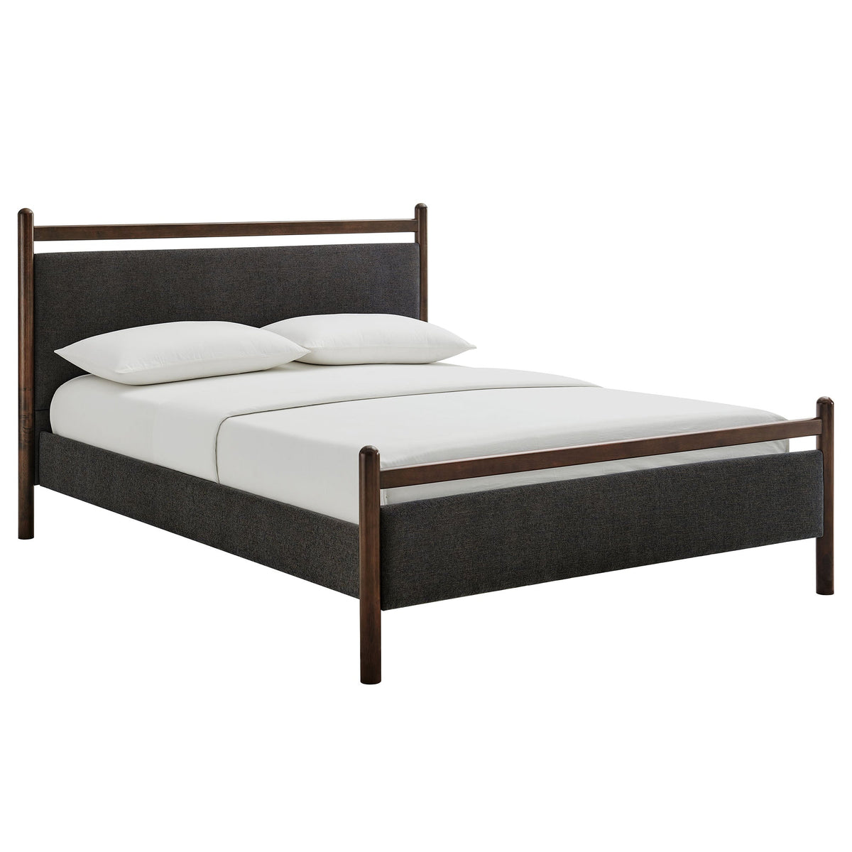 Ginny Platform Bed Frame with dark wood posts and charcoal upholstered headboard and footboard on Tampa Home & Garden Store
