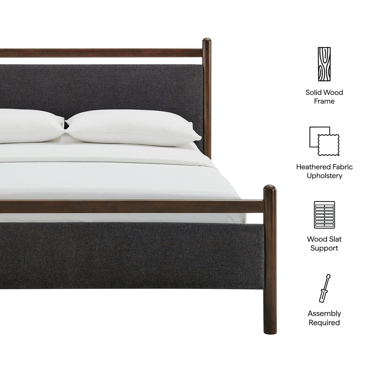 Ginny Platform Bed Frame by Modway, dark charcoal upholstered headboard with solid wood frame on Tampa Home & Garden Store