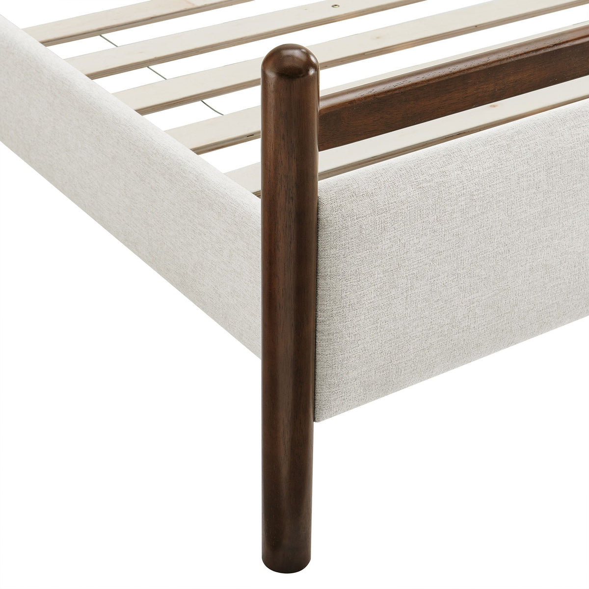 Ginny Platform Bed Frame by Modway with dark wood posts and beige upholstered side rails on Tampa Home & Garden Store