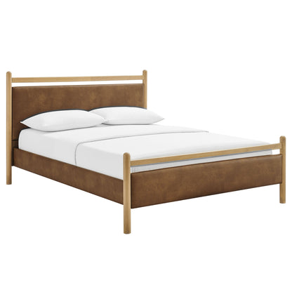 Ginny vegan leather platform bed frame with upholstered headboard and light wood posts on Tampa Home & Garden Store
