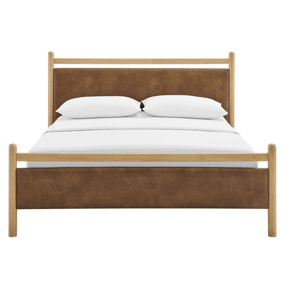Ginny vegan leather platform bed frame with natural wood posts and brown upholstered headboard on Tampa Home & Garden Store