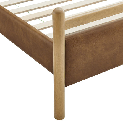 Ginny vegan leather platform bed frame with natural wood posts and brown upholstery on Tampa Home & Garden Store