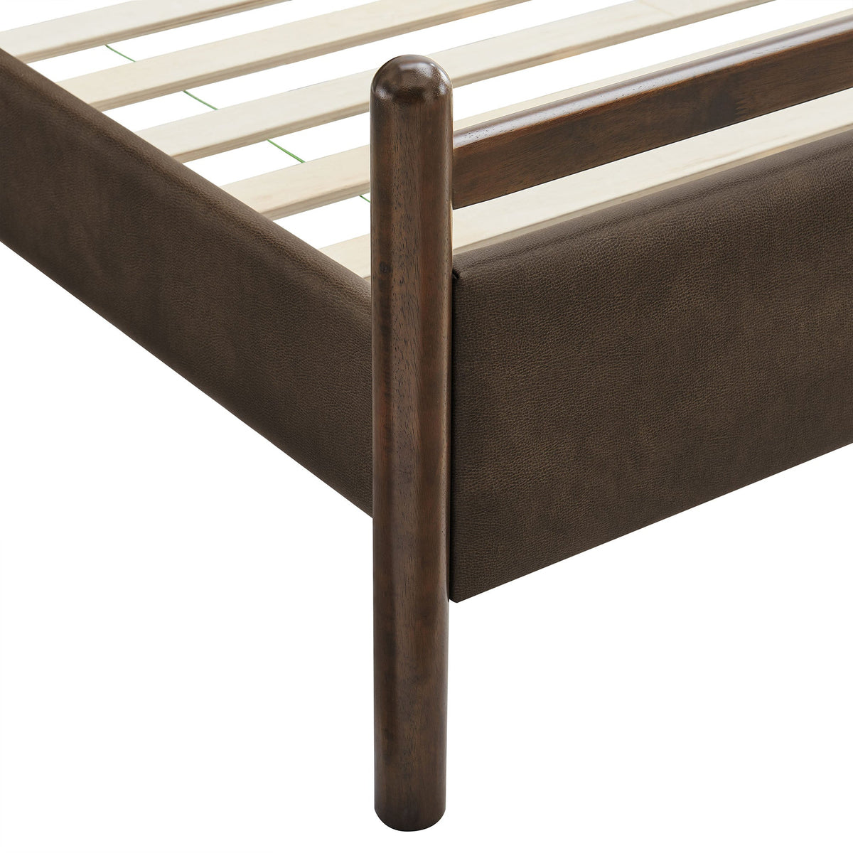 Ginny vegan leather platform bed frame with dark brown upholstery and wood post on Tampa Home & Garden Store