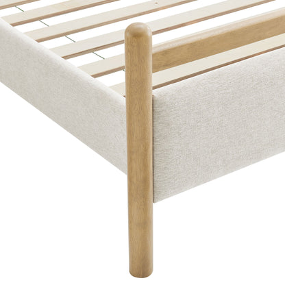 Ginny Platform Bed Frame by Modway with natural wood posts and beige fabric side rails on Tampa Home & Garden Store
