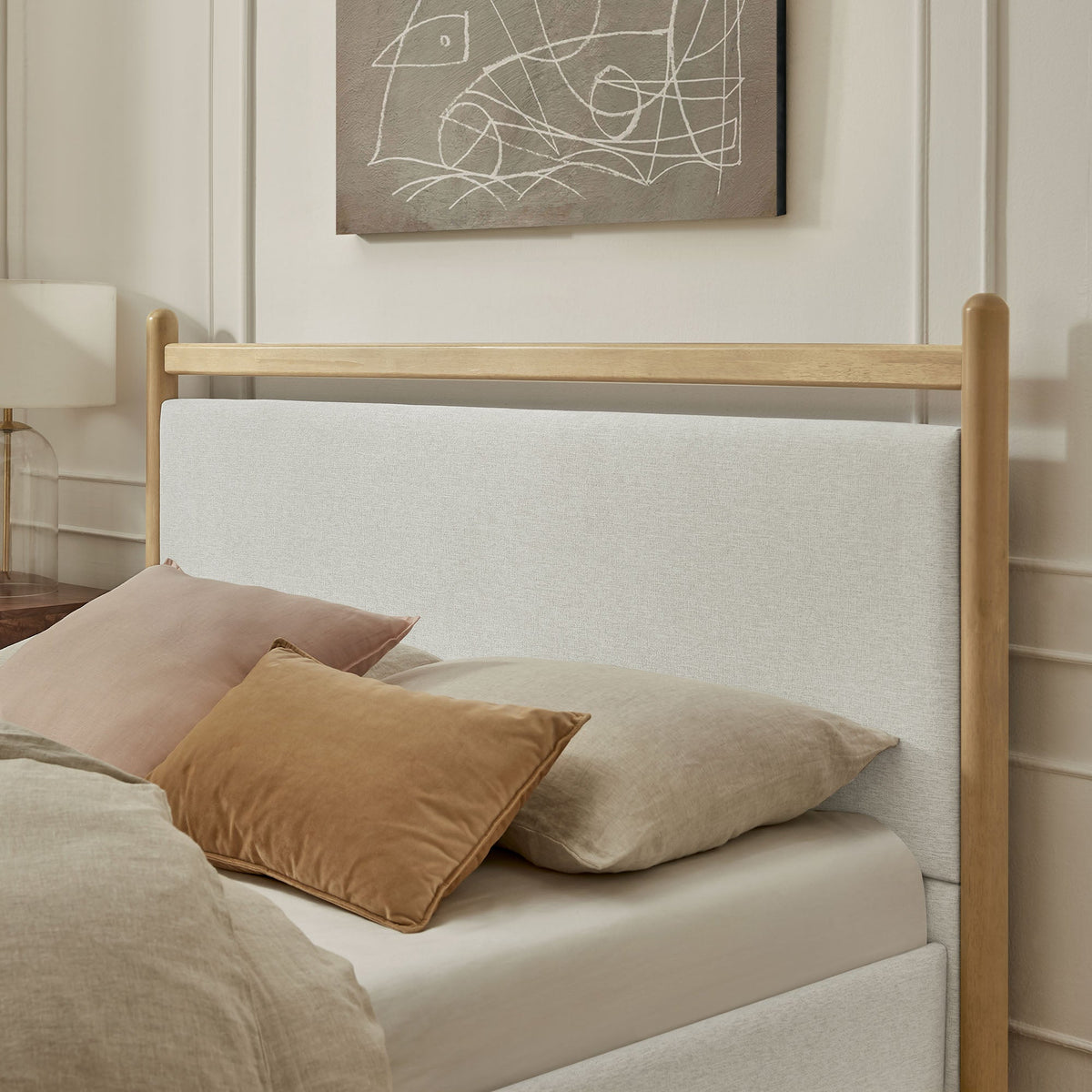 Ginny Platform Bed Frame by Modway in light wood with beige upholstered headboard on Tampa Home & Garden Store