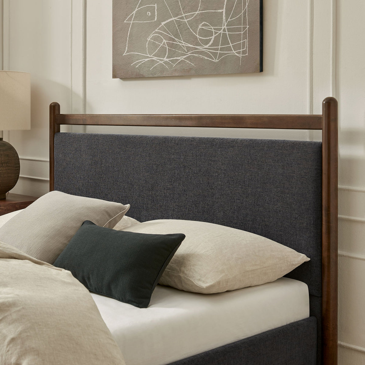 Ginny platform bed frame by Modway with dark wood frame and gray upholstered headboard on Tampa Home & Garden Store