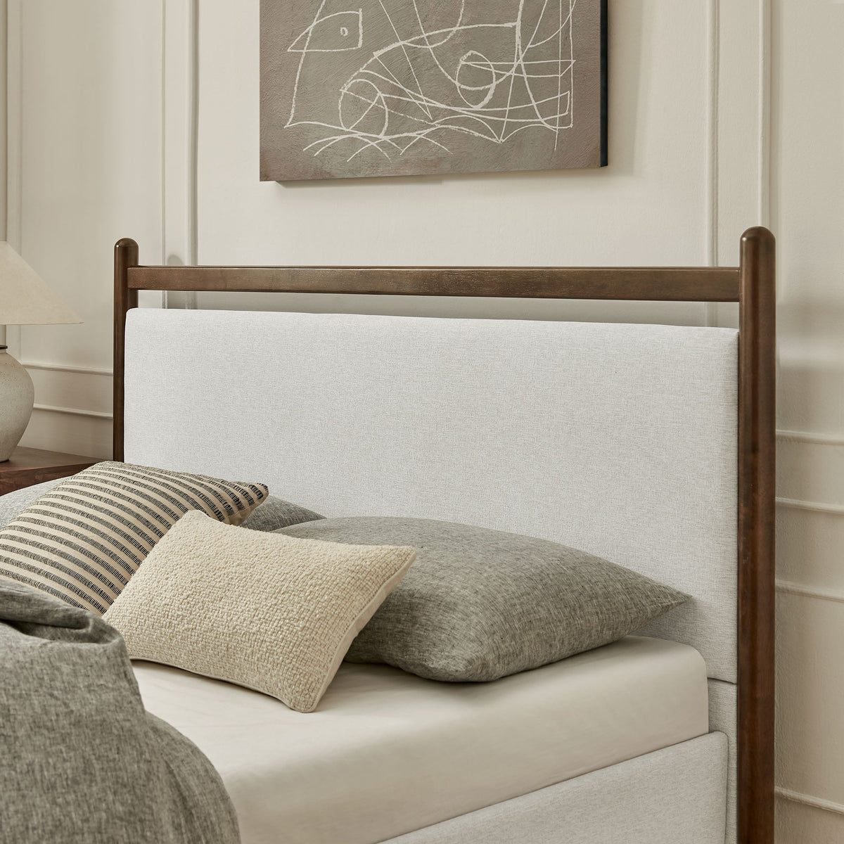 Ginny Platform Bed Frame by Modway with dark wood posts and light gray fabric panels, pillows on Tampa Home & Garden Store