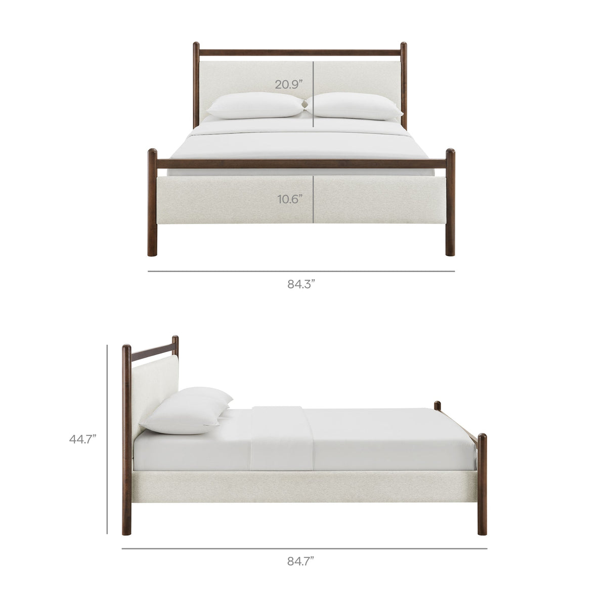 Ginny Platform Bed Frame by Modway with dark wood posts and beige upholstered headboard on Tampa Home & Garden Store