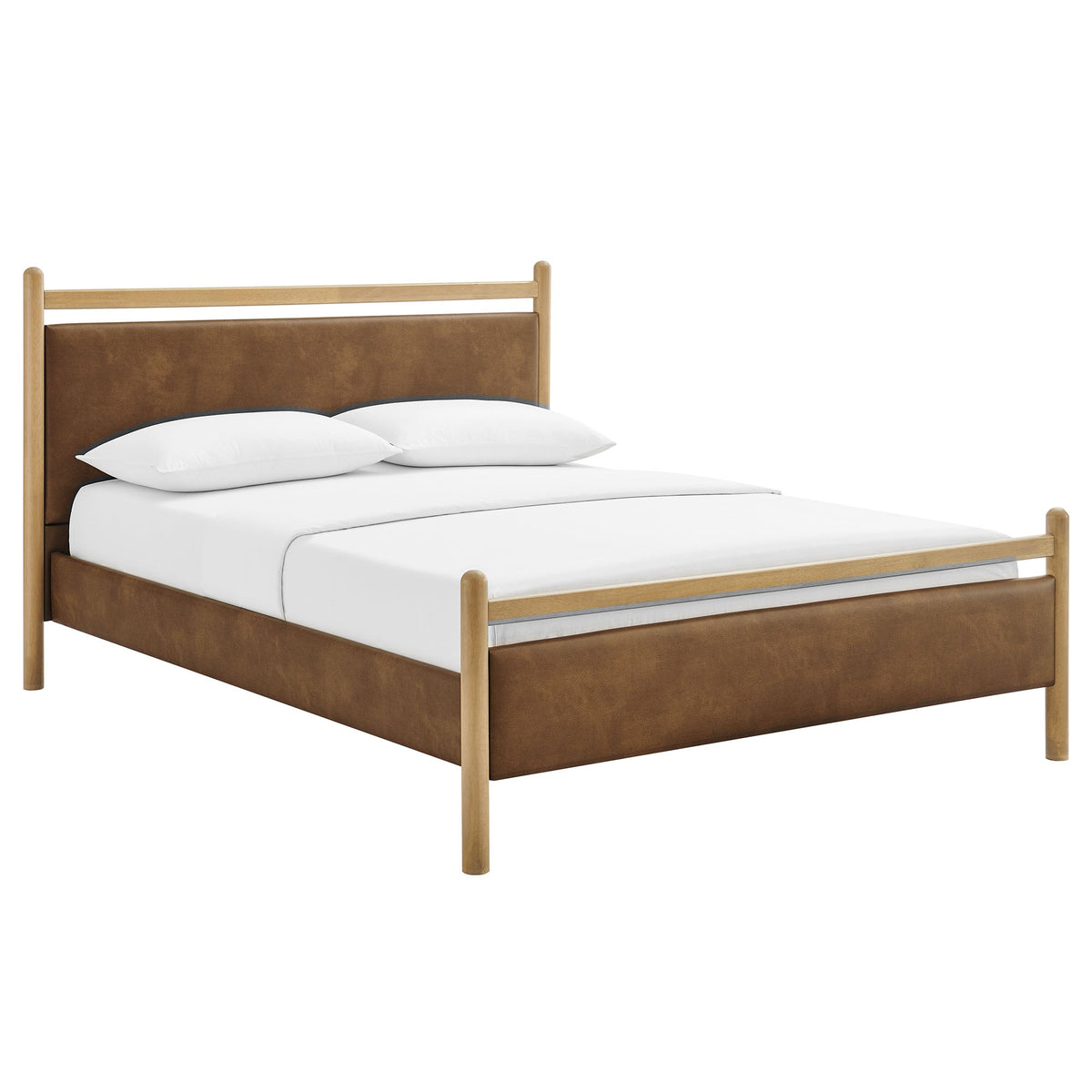 Ginny vegan leather platform bed frame with brown headboard and light oak legs on Tampa Home & Garden Store