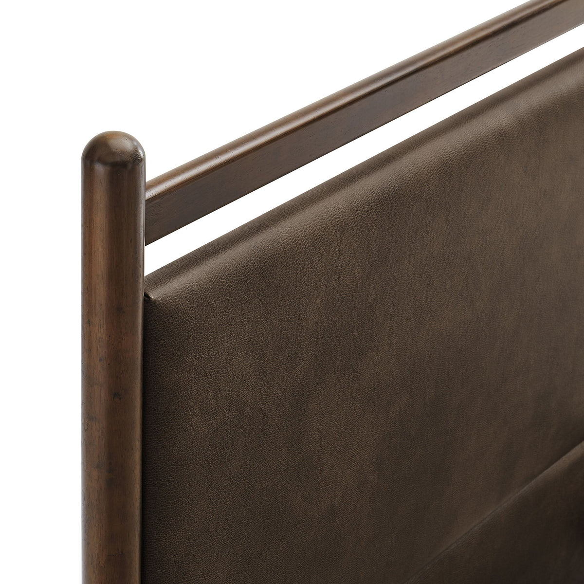 Ginny vegan leather platform bed frame headboard with brown wood post on Tampa Home & Garden Store