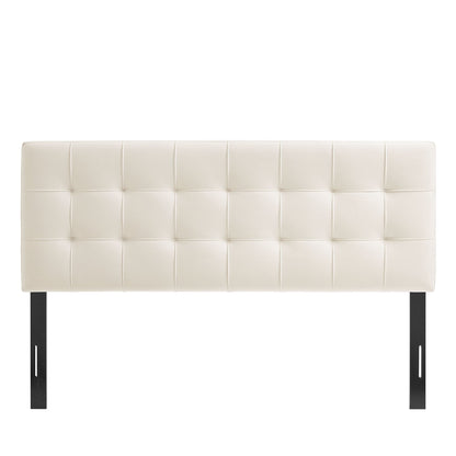 Lily stain-resistant performance velvet headboard in cream with square-stitched panels and black metal legs on Tampa Home & Garden Store