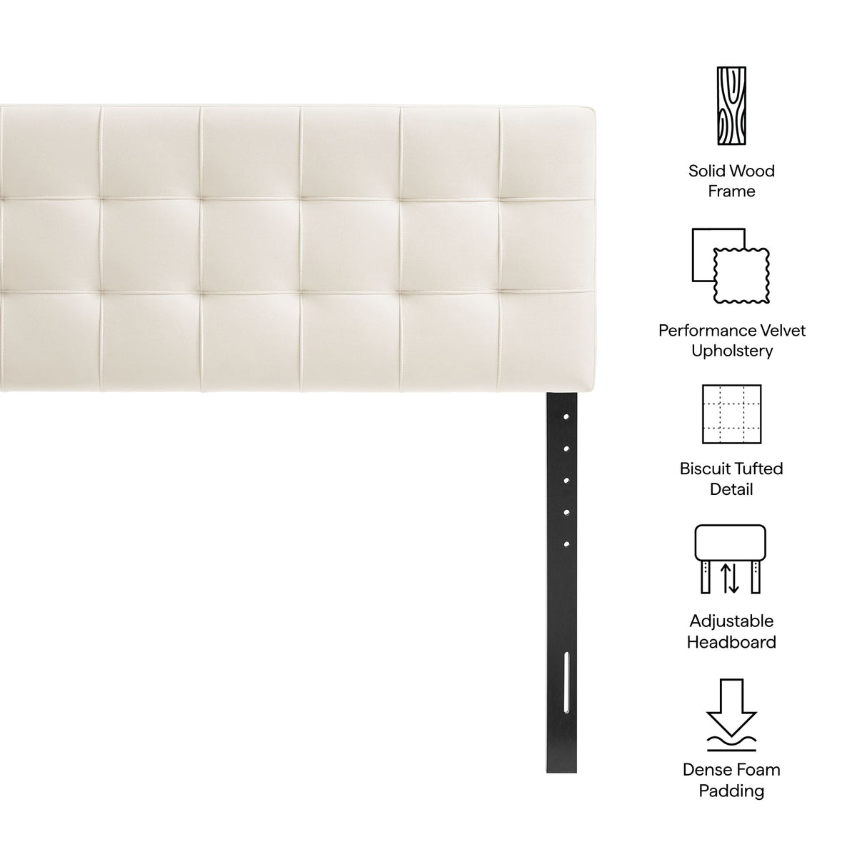 Lily Stain-Resistant Performance Velvet Headboard cream tufted with square panels, wood frame on Tampa Home & Garden Store