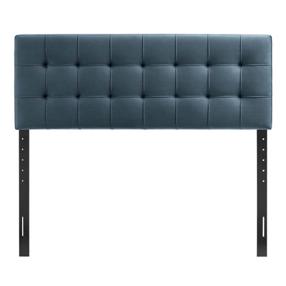 Lily Stain-Resistant Performance Velvet Headboard, blue, square-tufted with black metal legs on Tampa Home & Garden Store