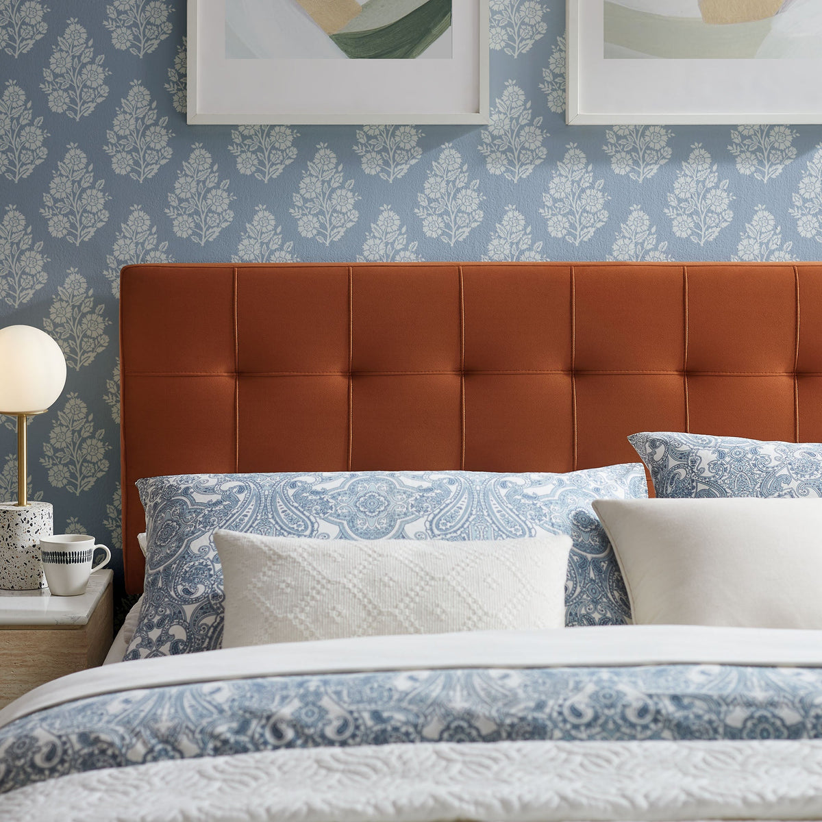 Lily Stain-Resistant Velvet Headboard by Modway in rust-brown velvet with squared panels on Tampa Home & Garden Store