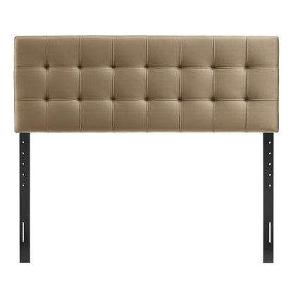 Lily Stain-Resistant Performance Velvet Headboard taupe tufted grid on black metal legs on Tampa Home & Garden Store