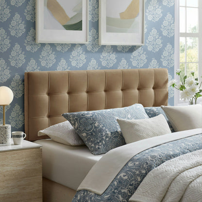 Lily Stain-Resistant Velvet Headboard in tan with tufted panels by Modway against blue wallpaper on Tampa Home & Garden Store