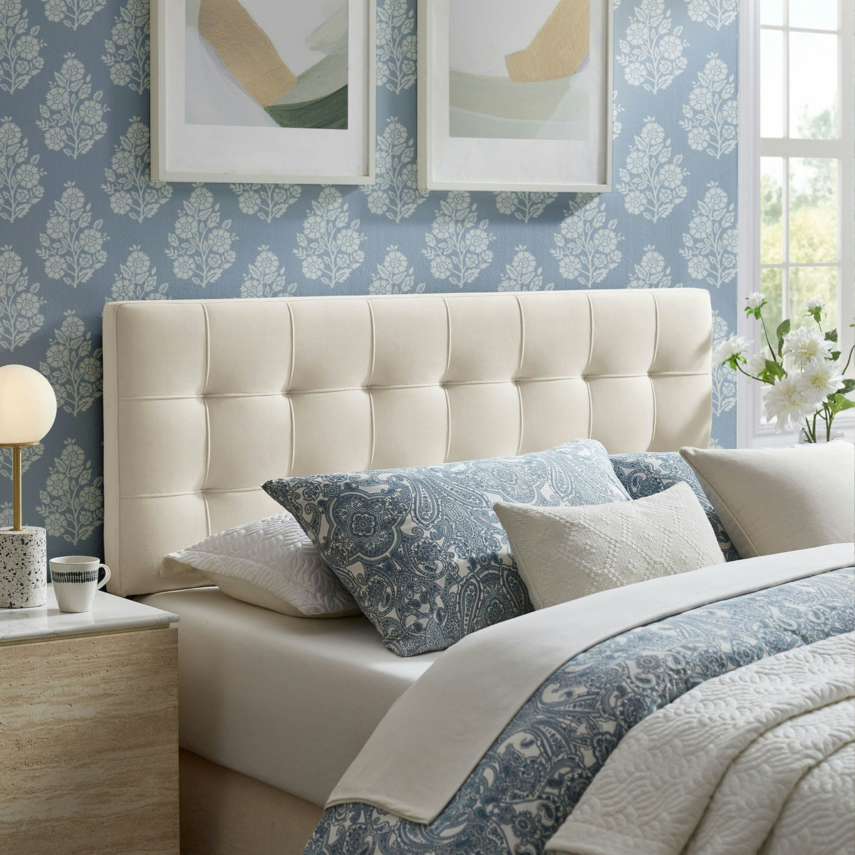 Lily stain-resistant performance velvet headboard by Modway in beige with vertical seam accents on Tampa Home & Garden Store