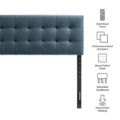 Lily stain-resistant velvet headboard in blue with biscuit tufting and solid wood frame on Tampa Home & Garden Store