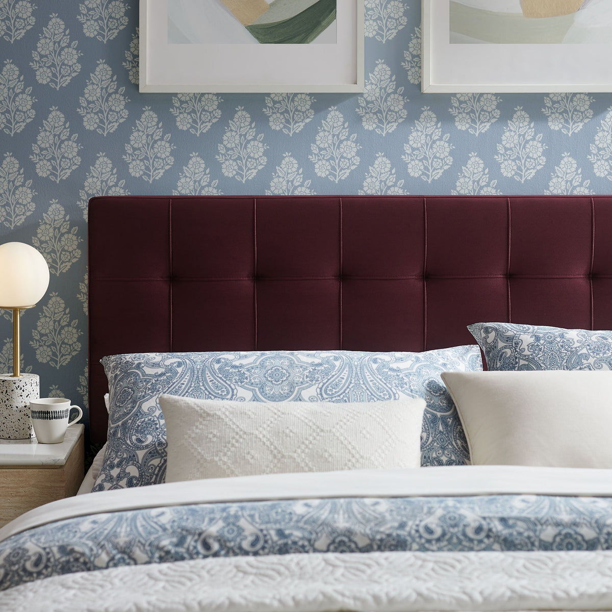 Lily stain-resistant performance velvet headboard in burgundy, by HouseOfZazla on Tampa Home & Garden Store