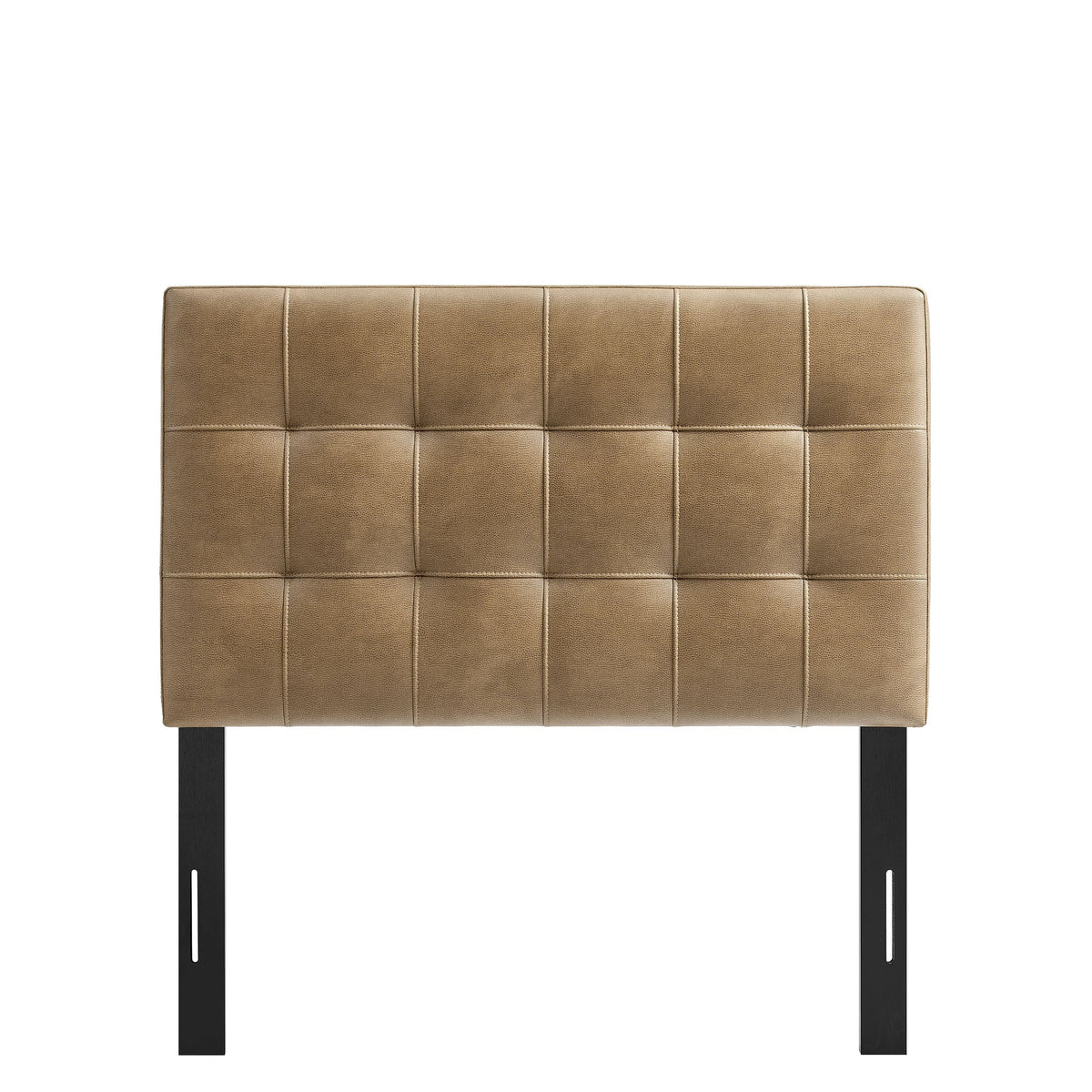 Lily vegan leather headboard by Modway in tan brown, square tufted panels on black metal legs on Tampa Home & Garden Store