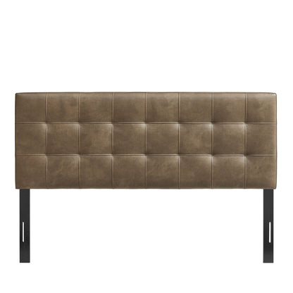 Lily vegan leather headboard brown with grid stitching; black metal legs by HouseOfZazla on Tampa Home & Garden Store